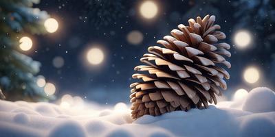 The primary subject of the image is a pinecone, which is the main object, scene, or focus of the image. The setting/background features a snowy environment, with a white snow-covered surface visible. The visual style of the image is digital art, as it is a computer-generated or digitally created piece. The colors and mood of the image are predominantly white, with the snowy background creating a serene and peaceful atmosphere.